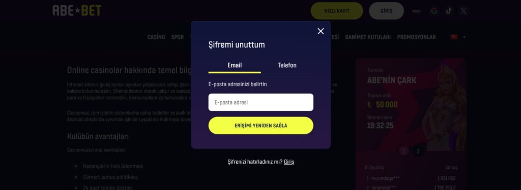 abebet şifre sıfırlama